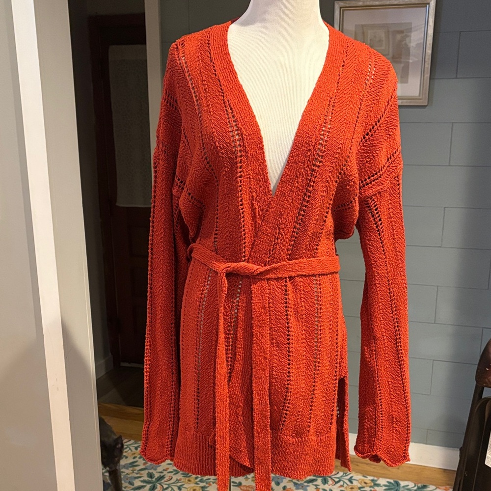 Meadow Rue Anthropologie Priscilla Pointelle Knit Tie Cardigan Sweater